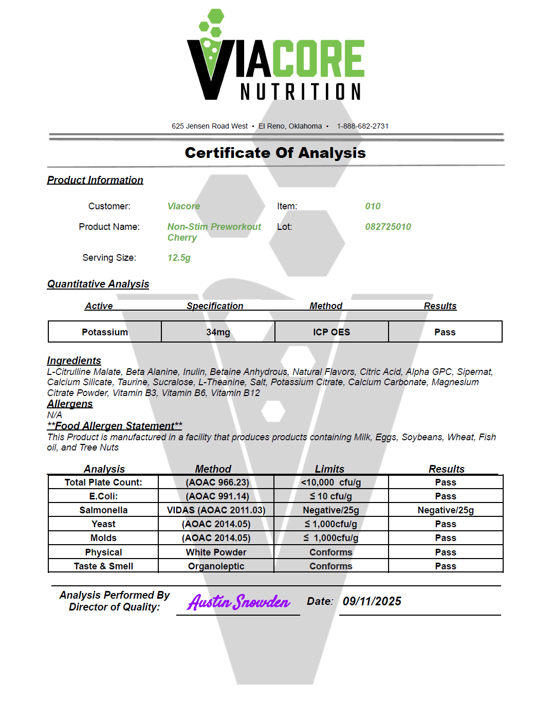 Pump Non-Stim Pre-Workout Cherry Blast 312g w/ Natural Flavor - officieel analysecertificaat (COA) [RT-OFFICIAL:ROC010:COA:v1:38D860E2035E]