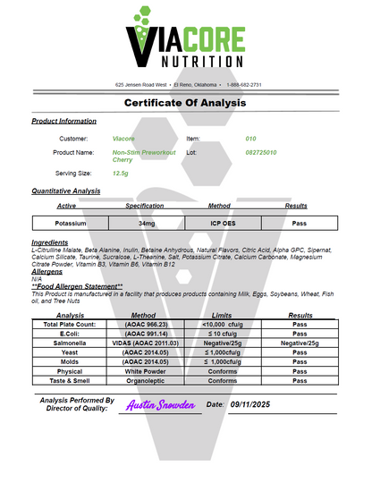 Pump Non-Stim Pre-Workout Cherry Blast 312g w/ Natural Flavor - officieel analysecertificaat (COA) [RT-OFFICIAL:ROC010:COA:v1:38D860E2035E]