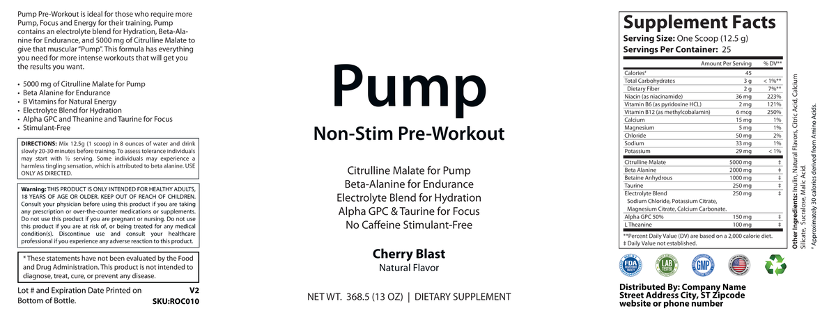 Pump Non-Stim Pre-Workout Cherry Blast 312g w/ Natural Flavor - officieel labelvoorbeeld [RT-OFFICIAL:ROC010:LABEL:v1:CE5D098D0AC1]
