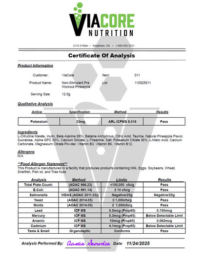 Non-Stim Pump Pre-Workout: Pineapple 312.5g w/ Natural Flavor - officieel analysecertificaat (COA) [RT-OFFICIAL:ROC011:COA:v1:C242CA4C3D77]