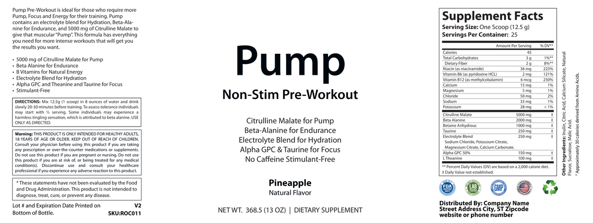 Non-Stim Pump Pre-Workout: Pineapple 312.5g w/ Natural Flavor - officieel labelvoorbeeld [RT-OFFICIAL:ROC011:LABEL:v1:372F3F2B4040]