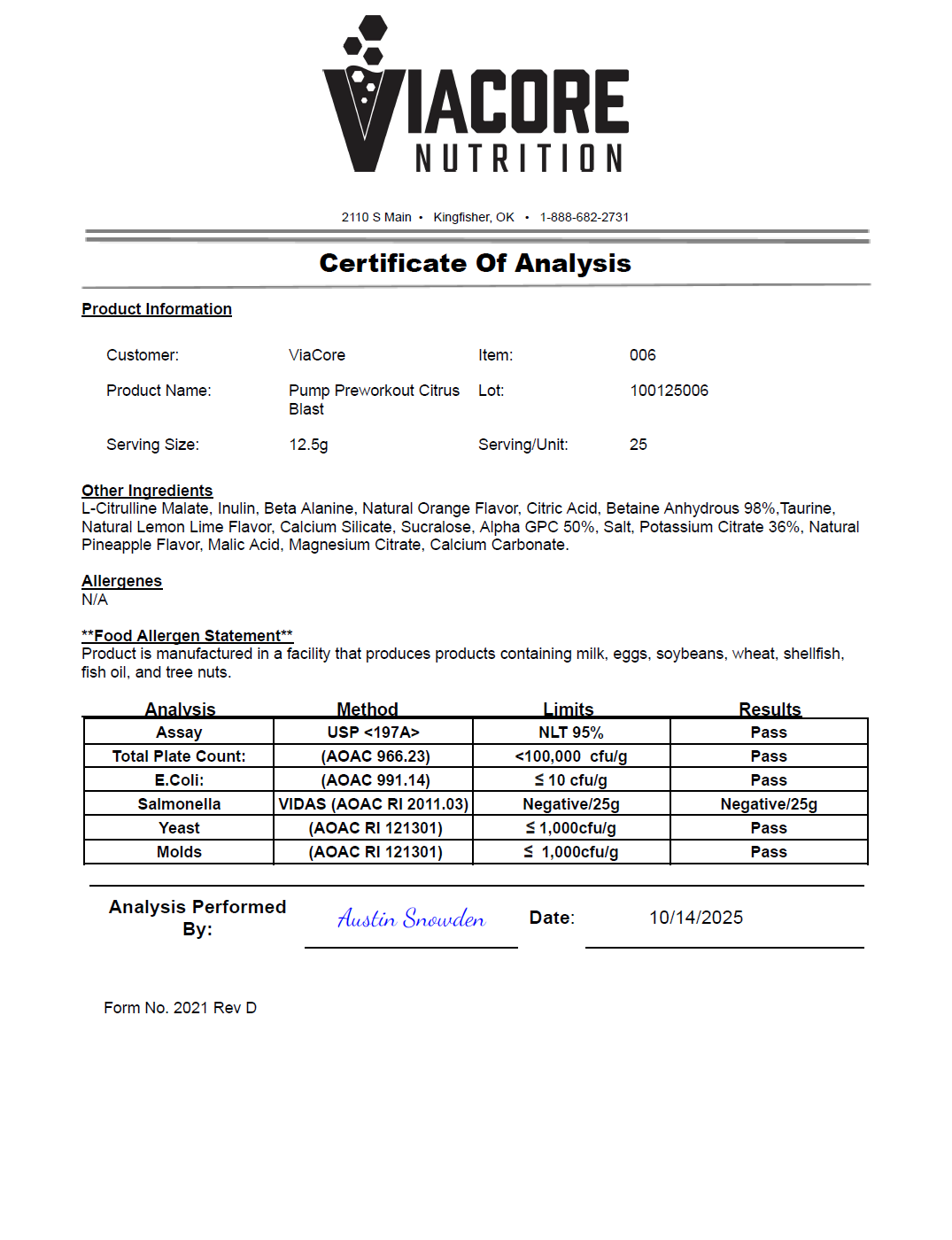 Pump Pre-Workout Citrus Blast 312g w/ Natural Flavor - officieel analysecertificaat (COA) [RT-OFFICIAL:ROC012:COA:v1:D4F3A19CAD24]