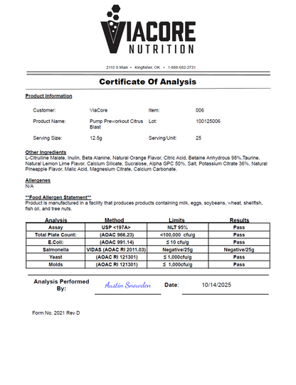 Pump Pre-Workout Citrus Blast 312g w/ Natural Flavor - officieel analysecertificaat (COA) [RT-OFFICIAL:ROC012:COA:v1:D4F3A19CAD24]