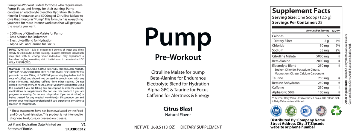 Pump Pre-Workout Citrus Blast 312g w/ Natural Flavor - officieel labelvoorbeeld [RT-OFFICIAL:ROC012:LABEL:v1:209F1F543299]