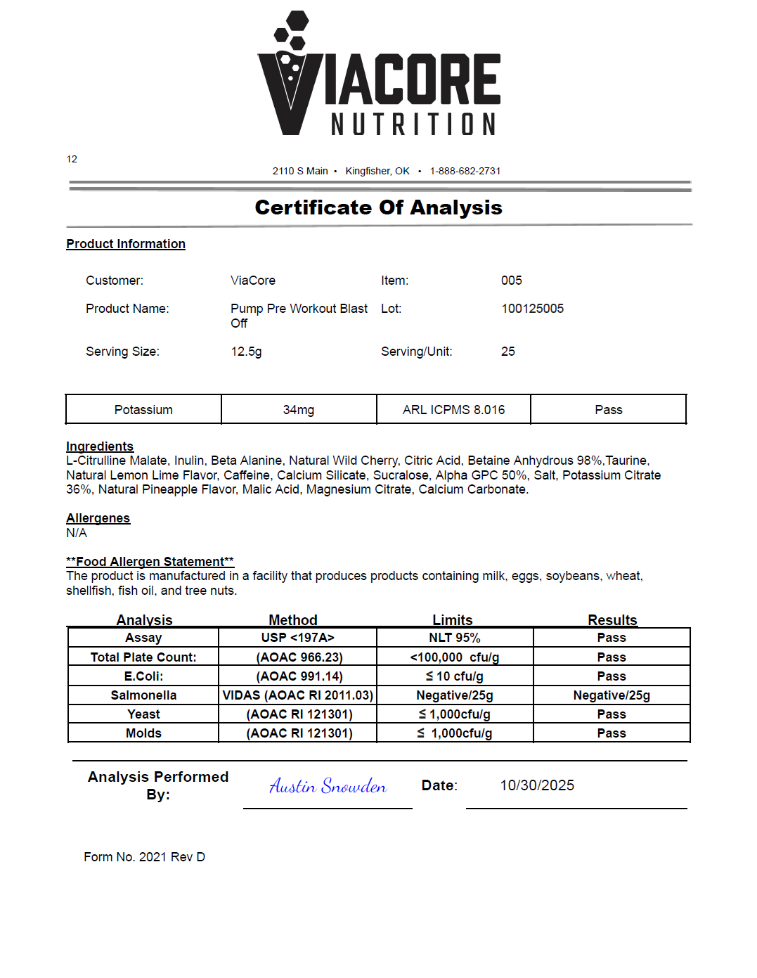 Pre-Workout Blast-Off 312g w/ Natural Flavor - officieel analysecertificaat (COA) [RT-OFFICIAL:ROC013:COA:v1:072727B5706E]