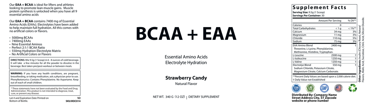 BCAA + EAA Strawberry Candy 300g w/Natural Flavor - officieel labelvoorbeeld [RT-OFFICIAL:ROC014:LABEL:v1:3AD163F841FC]