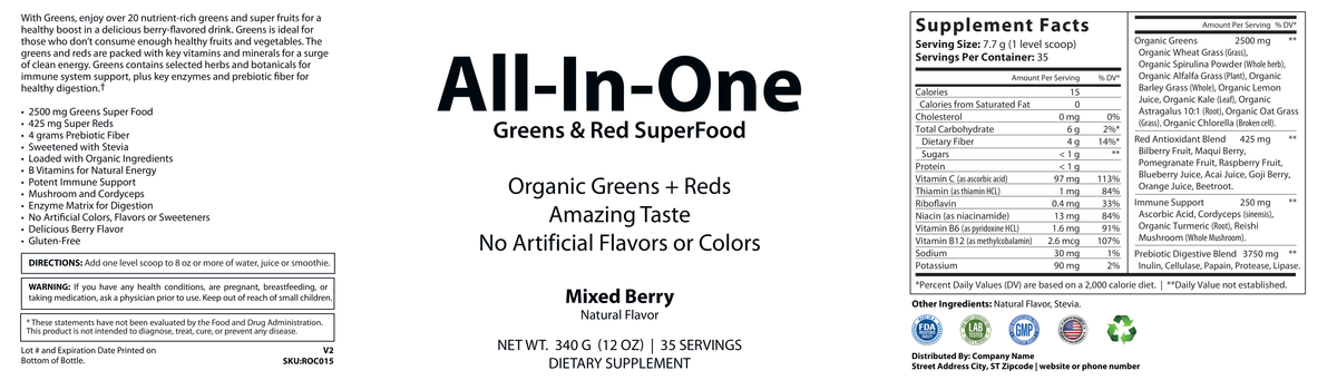 All-In/One Greens & Red SuperFood + Immune 270g Mixed Berry w/Natural Flavor - officieel labelvoorbeeld [RT-OFFICIAL:ROC015:LABEL:v1:CCEEF61D3461]