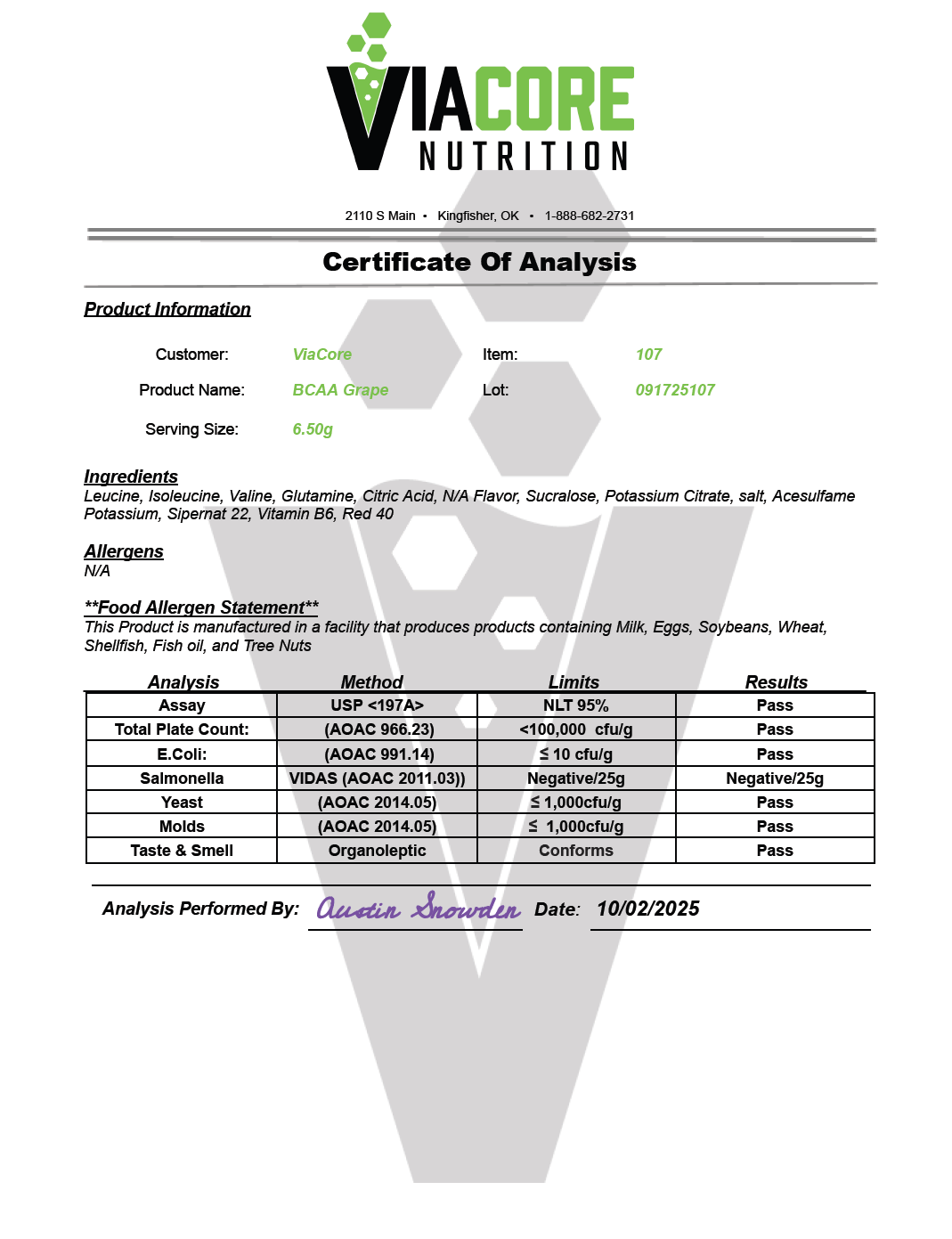 BCAA Grape 325g – 50 servings - officieel analysecertificaat (COA) [RT-OFFICIAL:ROC107M:COA:v1:5DF1CC2CE0B9]