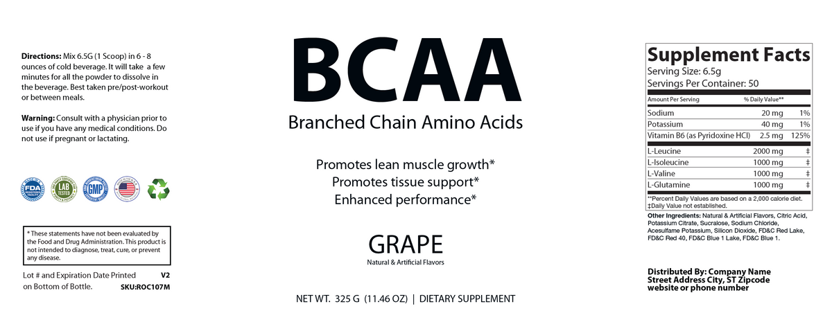 BCAA Grape 325g – 50 servings - officieel labelvoorbeeld [RT-OFFICIAL:ROC107M:LABEL:v1:F642C0467ECC]