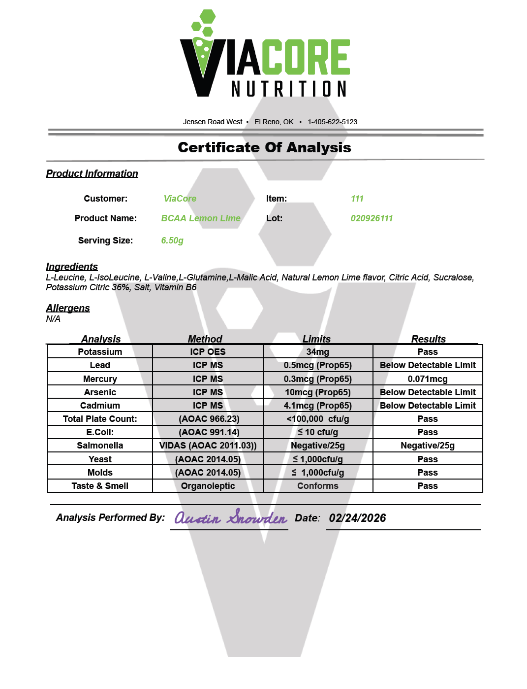 BCAA Lemon Lime 325g – 50 servings - officieel analysecertificaat (COA) [RT-OFFICIAL:ROC110M:COA:v1:3C89DFAE80A4]