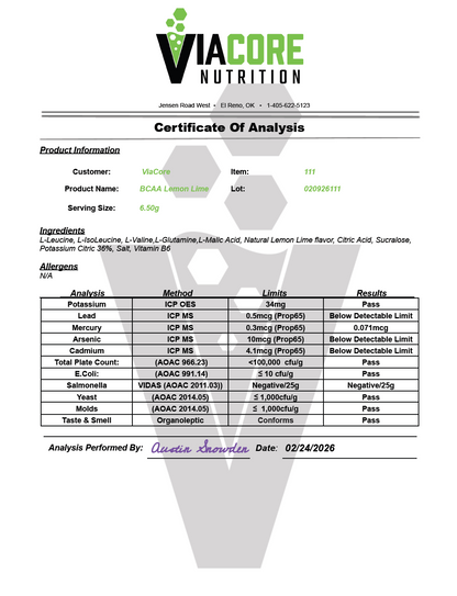 BCAA Lemon Lime 325g – 50 servings - officieel analysecertificaat (COA) [RT-OFFICIAL:ROC110M:COA:v1:3C89DFAE80A4]