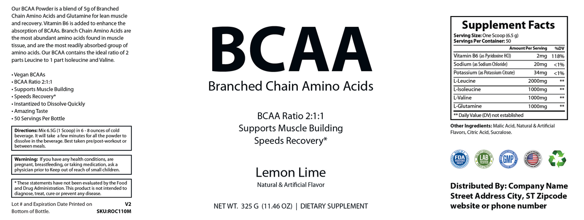BCAA Lemon Lime 325g – 50 servings - officieel labelvoorbeeld [RT-OFFICIAL:ROC110M:LABEL:v1:CCE7D69162DB]