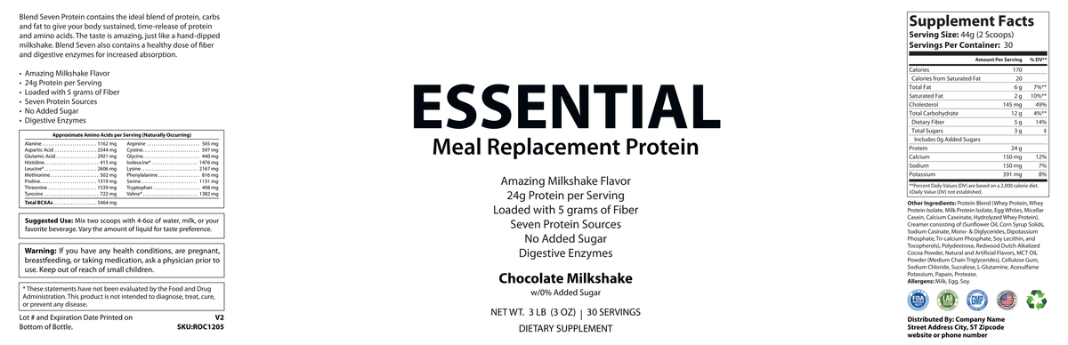 2.9lb Essential Meal Replacement Protein Chocolate Milkshake w/0% Added Sugar - officieel labelvoorbeeld [RT-OFFICIAL:ROC1205:LABEL:v1:DCAB40D2499E]