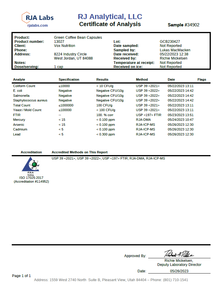 Green Coffee Bean w/GCA – 800mg - officieel analysecertificaat (COA) [RT-OFFICIAL:ROC121:COA:v1:5498059179F8]