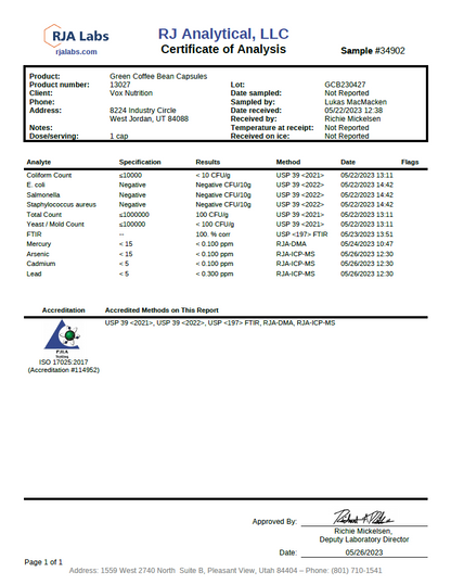 Green Coffee Bean w/GCA – 800mg - officieel analysecertificaat (COA) [RT-OFFICIAL:ROC121:COA:v1:5498059179F8]