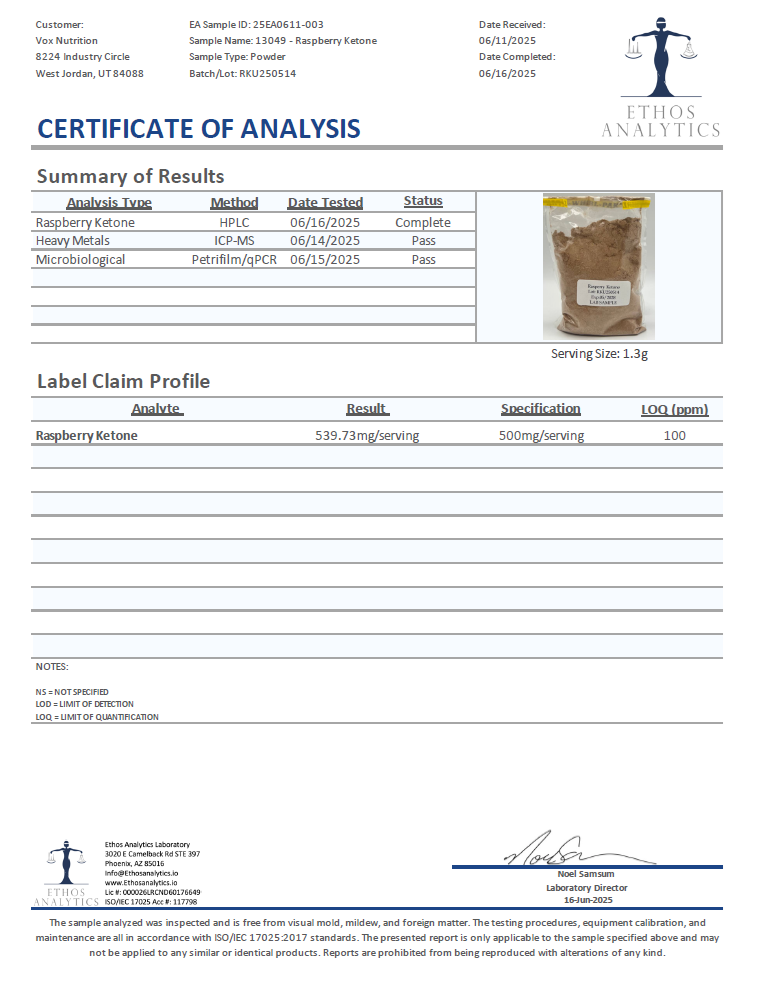 Raspberry Ketone Ultra Blend - officieel analysecertificaat (COA) [RT-OFFICIAL:ROC126:COA:v1:BDB341503520]
