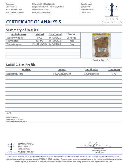 Raspberry Ketone Ultra Blend - officieel analysecertificaat (COA) [RT-OFFICIAL:ROC126:COA:v1:BDB341503520]