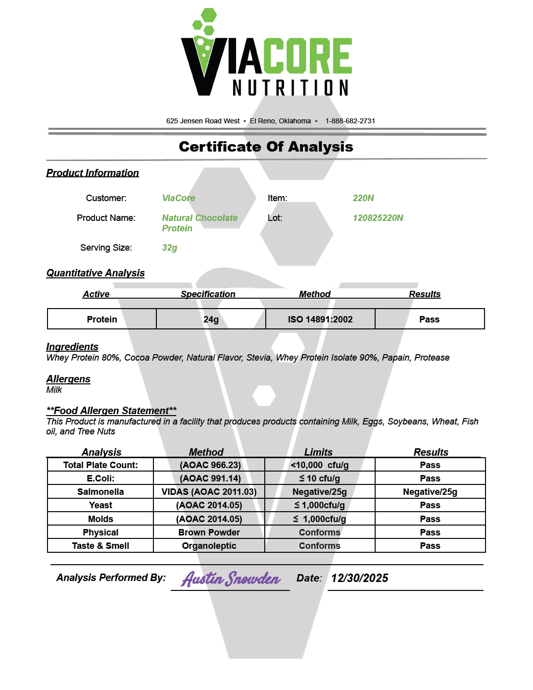 2lb Whey Armor Natural Protein Chocolate w/Stevia & Natural Flavor Non-GMO - officieel analysecertificaat (COA) [RT-OFFICIAL:ROC2201N:COA:v1:6D8E437D3D59]