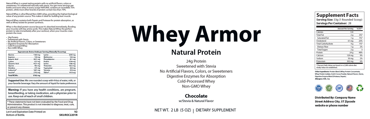 2lb Whey Armor Natural Protein Chocolate w/Stevia & Natural Flavor Non-GMO - officieel labelvoorbeeld [RT-OFFICIAL:ROC2201N:LABEL:v1:957BF728E780]