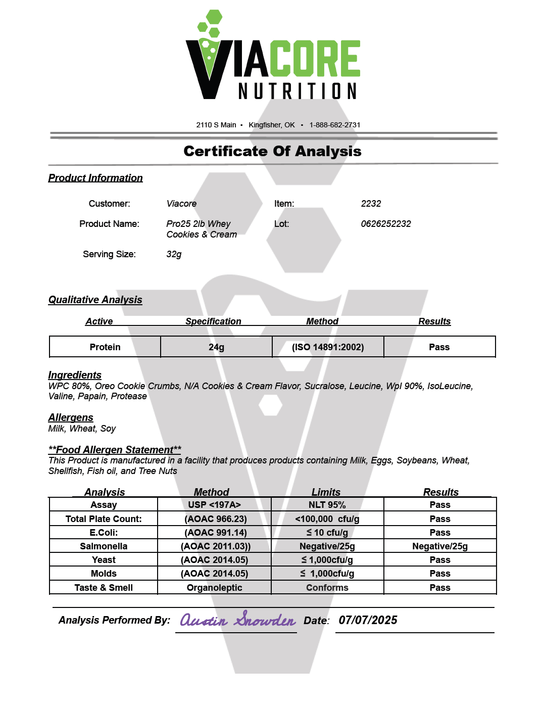 2lb Whey Cookies and Cream – 28 servings - officieel analysecertificaat (COA) [RT-OFFICIAL:ROC2232:COA:v1:E0CF88B4A095]