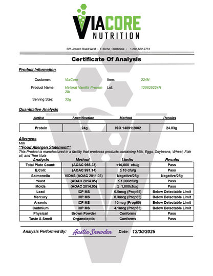 2lb Whey Armor Natural Protein Vanilla w/Stevia & Natural Flavor Non-GMO - officieel analysecertificaat (COA) [RT-OFFICIAL:ROC2241N:COA:v1:E4104350BC85]