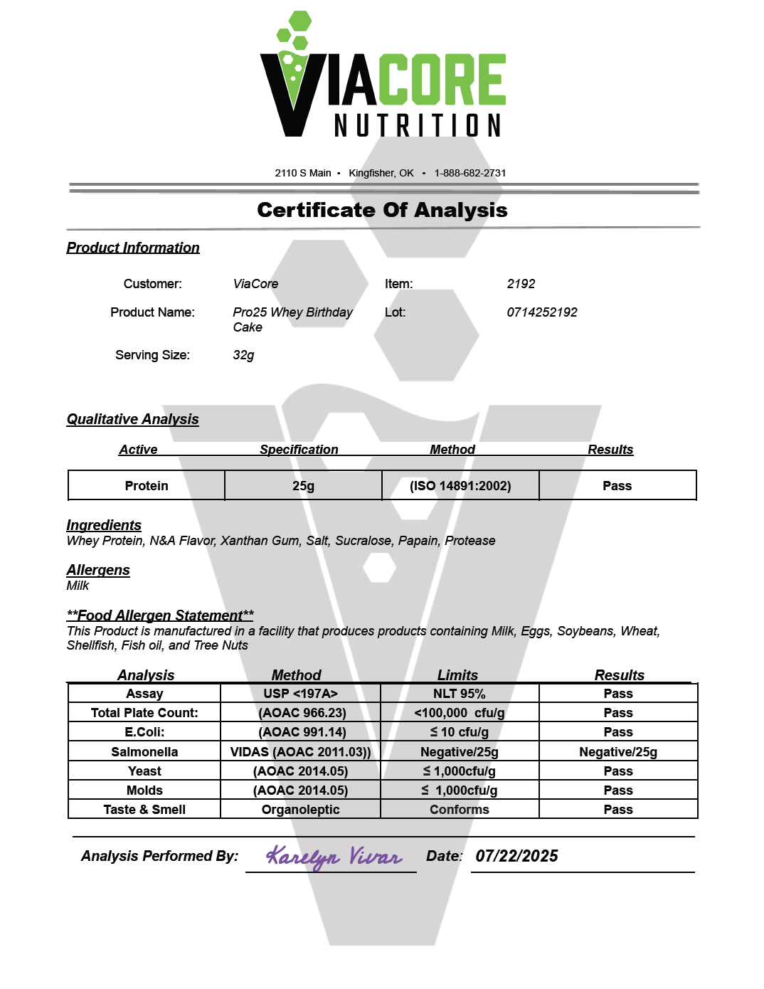 2lb Whey Armor Protein Birthday Cake - officieel analysecertificaat (COA) [RT-OFFICIAL:ROC2292:COA:v1:5A4EB93A65FC]