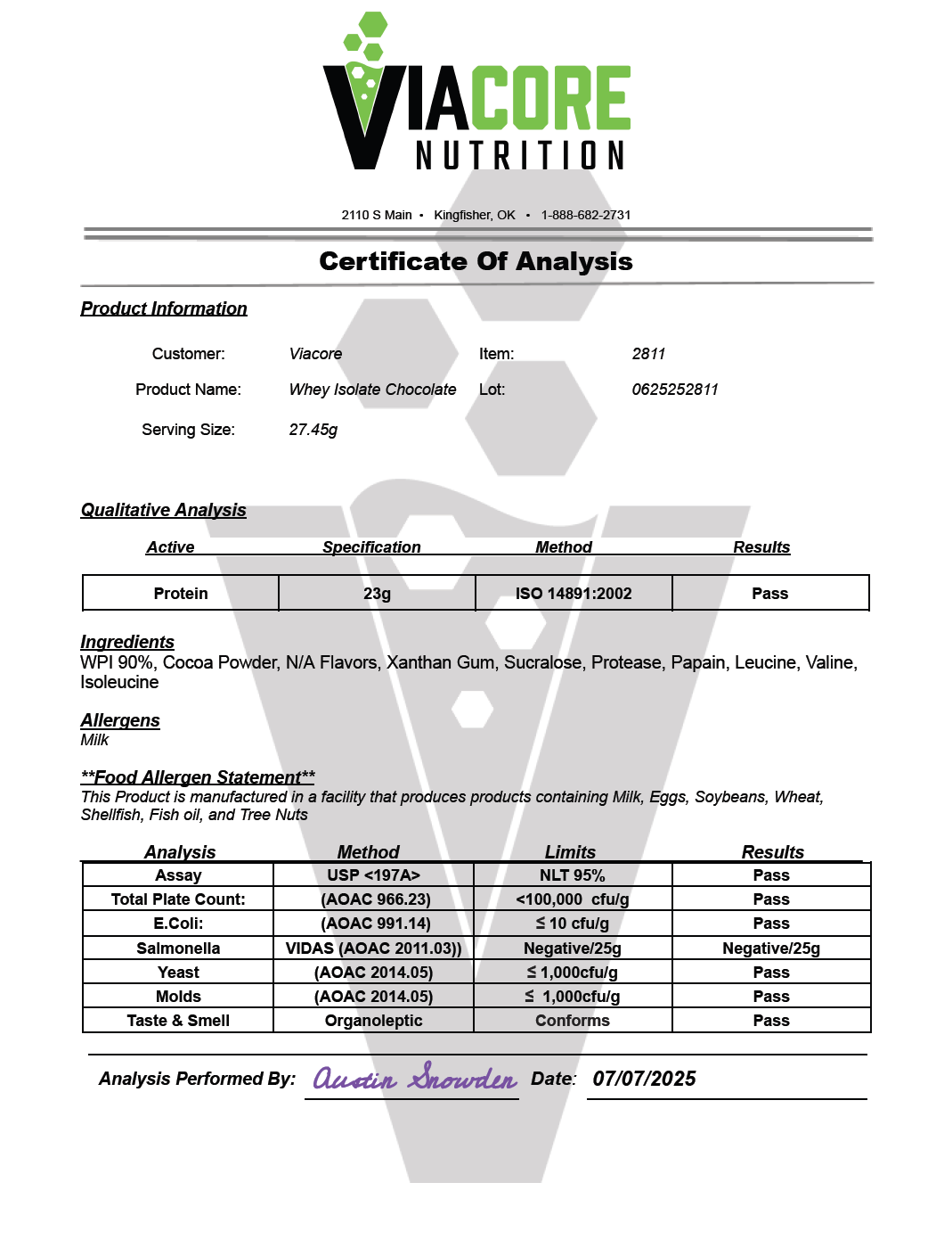 1lb 100% Whey Armor Isolate Protein Chocolate - officieel analysecertificaat (COA) [RT-OFFICIAL:ROC2811:COA:v1:1A2FC91E8923]