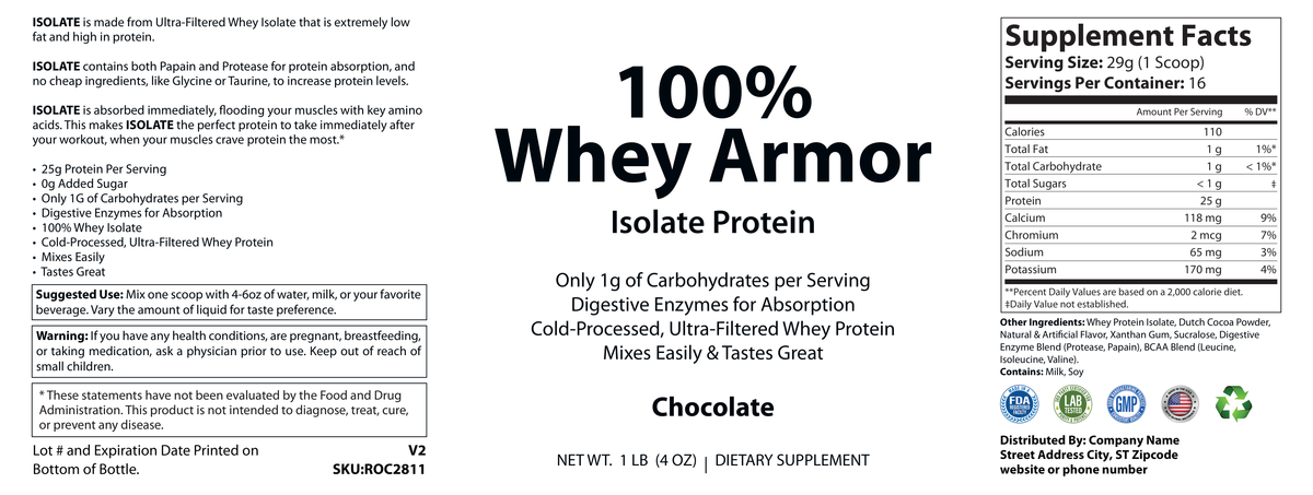 1lb 100% Whey Armor Isolate Protein Chocolate - officieel labelvoorbeeld [RT-OFFICIAL:ROC2811:LABEL:v1:EBA1FD5E02C9]