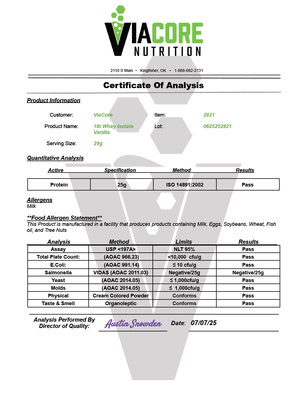 1lb 100% Whey Armor Isolate Protein Vanilla - officieel analysecertificaat (COA) [RT-OFFICIAL:ROC2821:COA:v1:2CB0A6E3A803]