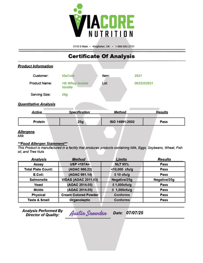 1lb 100% Whey Armor Isolate Protein Vanilla - officieel analysecertificaat (COA) [RT-OFFICIAL:ROC2821:COA:v1:2CB0A6E3A803]