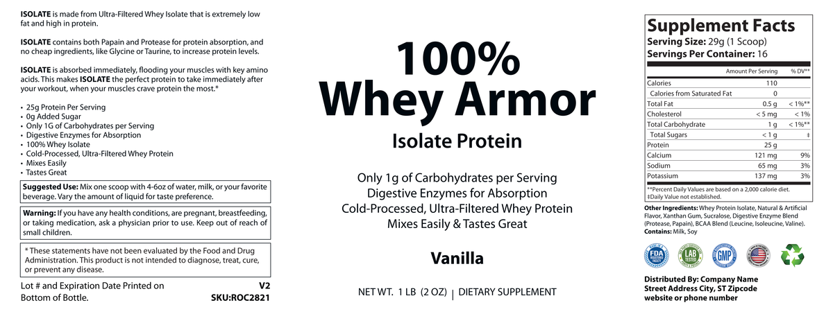 1lb 100% Whey Armor Isolate Protein Vanilla - officieel labelvoorbeeld [RT-OFFICIAL:ROC2821:LABEL:v1:08ABCF959179]