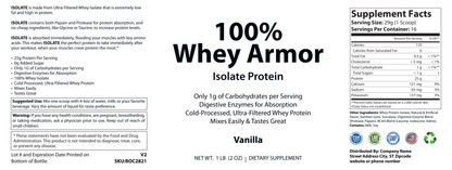 1lb 100% Whey Armor Isolate Protein Vanilla - officieel labelvoorbeeld [RT-OFFICIAL:ROC2821:LABEL:v1:08ABCF959179]