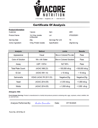 1lb Whey Armor Isolate Protein Unflavored - officieel analysecertificaat (COA) [RT-OFFICIAL:ROC2851:COA:v1:93AA3C3D2CFA]