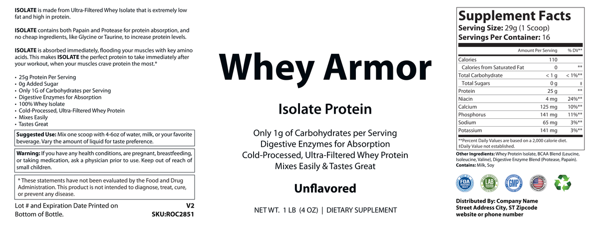 1lb Whey Armor Isolate Protein Unflavored - officieel labelvoorbeeld [RT-OFFICIAL:ROC2851:LABEL:v1:99126917ABDE]