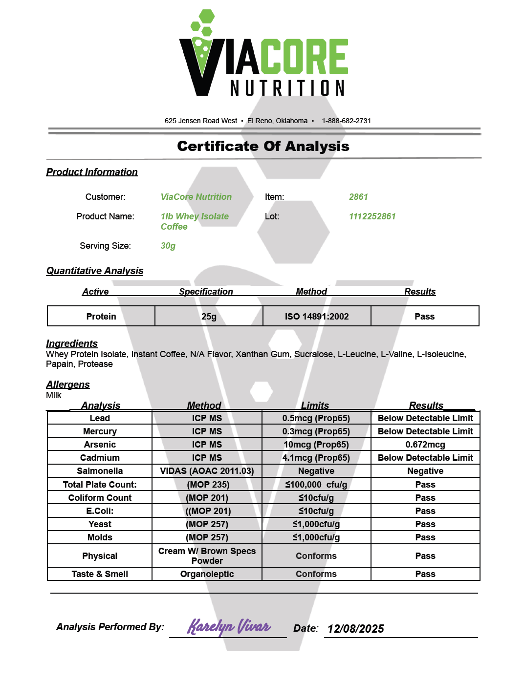 1lb 100% Whey Armor Isolate Protein Cappuccino - officieel analysecertificaat (COA) [RT-OFFICIAL:ROC2861:COA:v1:7166E5F763EA]