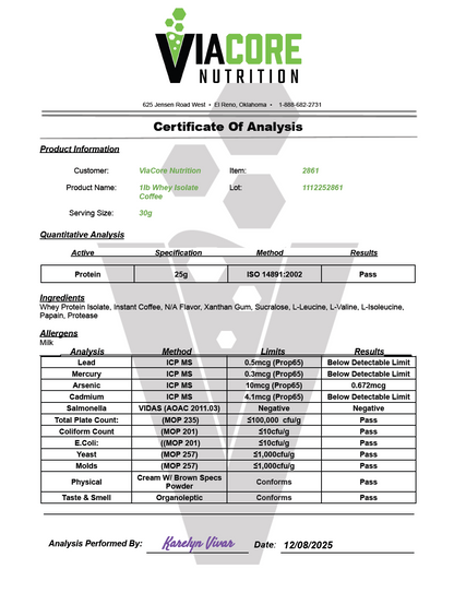 1lb 100% Whey Armor Isolate Protein Cappuccino - officieel analysecertificaat (COA) [RT-OFFICIAL:ROC2861:COA:v1:7166E5F763EA]