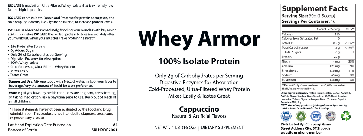 1lb 100% Whey Armor Isolate Protein Cappuccino - officieel labelvoorbeeld [RT-OFFICIAL:ROC2861:LABEL:v1:F106C54D9F03]