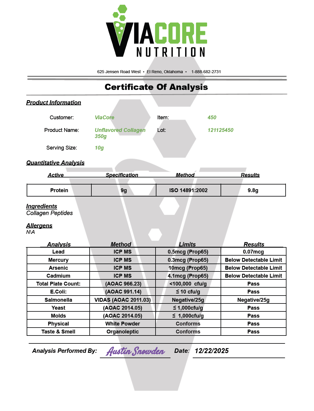 Collagen Type 1 & 3 Grass Fed 350g – 35 serv - officieel analysecertificaat (COA) [RT-OFFICIAL:ROC450:COA:v1:7572D78F2772]
