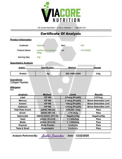Collagen Type 1 & 3 Grass Fed 350g – 35 serv - officieel analysecertificaat (COA) [RT-OFFICIAL:ROC450:COA:v1:7572D78F2772]