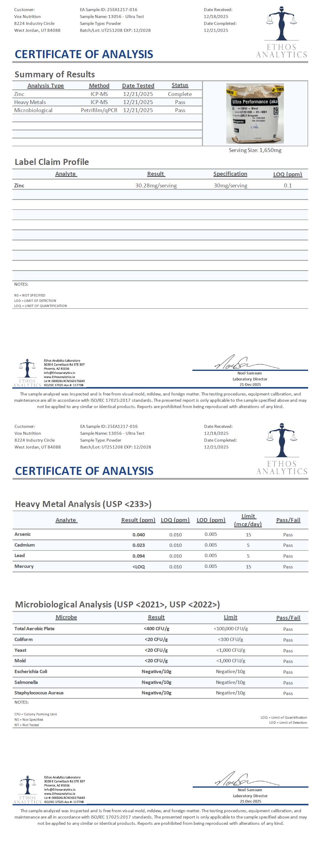 Ultra Test Natural Testosterone Support - officieel analysecertificaat (COA) [RT-OFFICIAL:ROC506:COA:v1:CA74434CC078]