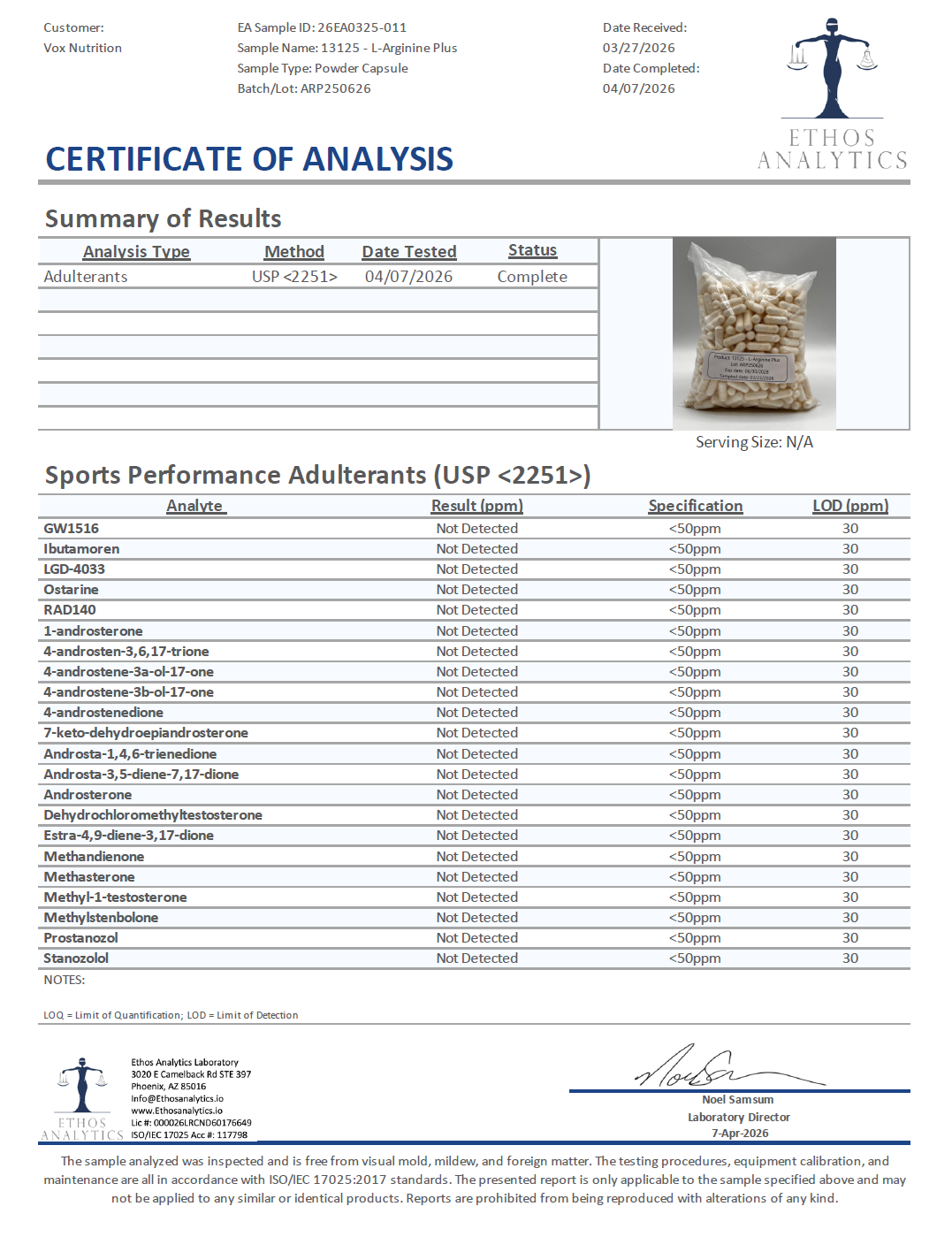 L-Arginine Capsules - officieel analysecertificaat (COA) [RT-OFFICIAL:ROC601:COA:v1:371E777FAE5B]