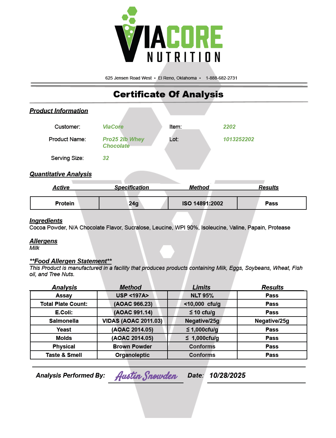 Protein Whey 2lb Chocolate - officieel analysecertificaat (COA) [RT-OFFICIAL:ROC607:COA:v1:90026B117876]