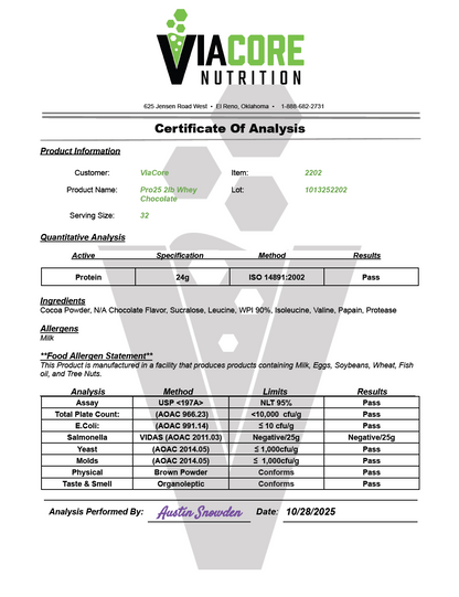 Protein Whey 2lb Chocolate - officieel analysecertificaat (COA) [RT-OFFICIAL:ROC607:COA:v1:90026B117876]