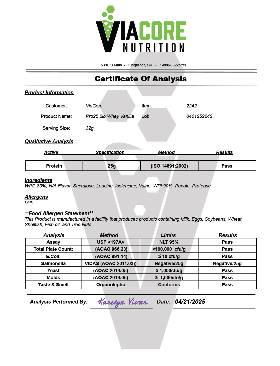 Protein Whey 2lb Vanilla - officieel analysecertificaat (COA) [RT-OFFICIAL:ROC608:COA:v1:0D6D0C223315]