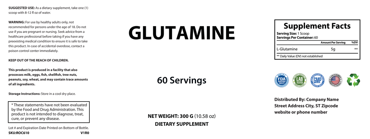 Glutamine Powder 300g - officieel labelvoorbeeld [RT-OFFICIAL:ROC610:LABEL:v1:84F1A141AEC3]