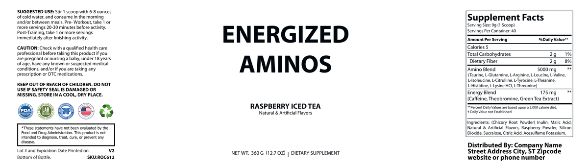 Energized Aminos Raspberry Iced Tea 360g – 40 serv - officieel labelvoorbeeld [RT-OFFICIAL:ROC612:LABEL:v1:C398E5881129]