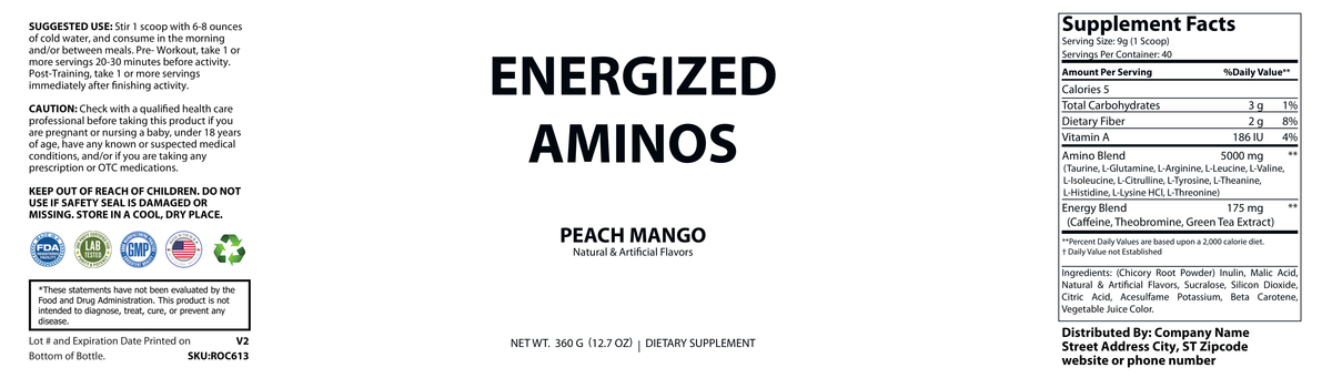 Energized Aminos Peach Mango 360g – 40 serv - officieel labelvoorbeeld [RT-OFFICIAL:ROC613:LABEL:v1:30A82F947164]