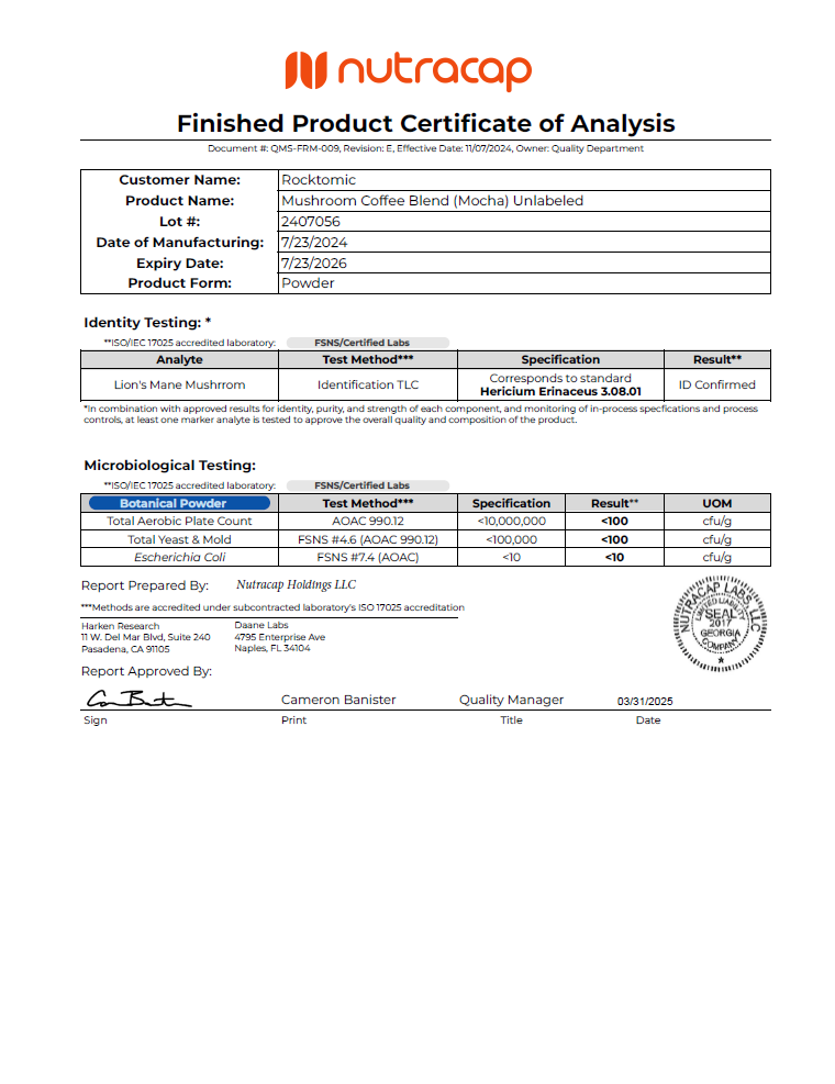 Nature's Espresso Coffee w/Organic Mushroom Complex - officieel analysecertificaat (COA) [RT-OFFICIAL:ROC618:COA:v1:86EBB3C3A72E]