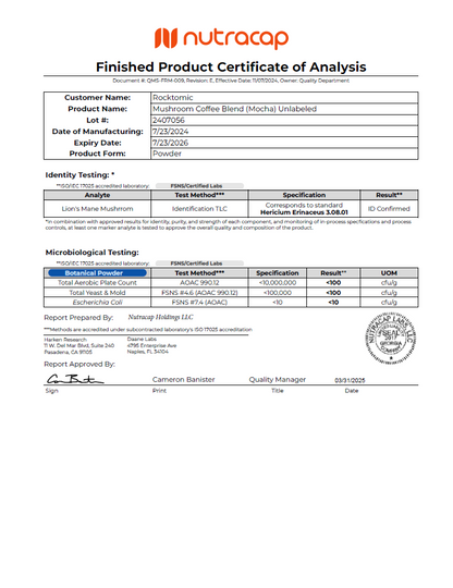Nature's Espresso Coffee w/Organic Mushroom Complex - officieel analysecertificaat (COA) [RT-OFFICIAL:ROC618:COA:v1:86EBB3C3A72E]