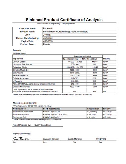 Pre-Workout w/Creatine 5g (Grape Annihilation) - officieel analysecertificaat (COA) [RT-OFFICIAL:ROC619:COA:v1:9D2F991BB6B8]